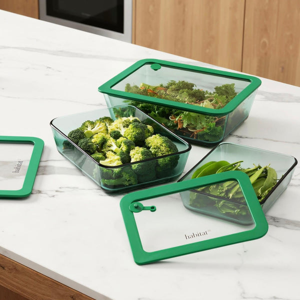Aloe - Set of 3 Rectangular Glass Storage Boxes with Silicone Lid - 64/105/152cl - Green