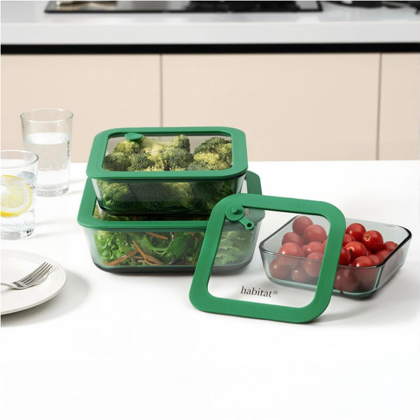 Aloe - Set of 3 Square Glass Storage Containers with Silicone Lids - 32/52/80cl - Green
