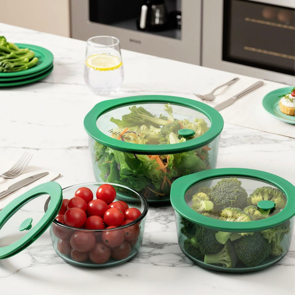 Aloe - Set of 3 Round Glass Storage Containers with Silicone Lid - 40/65/95cl - Green