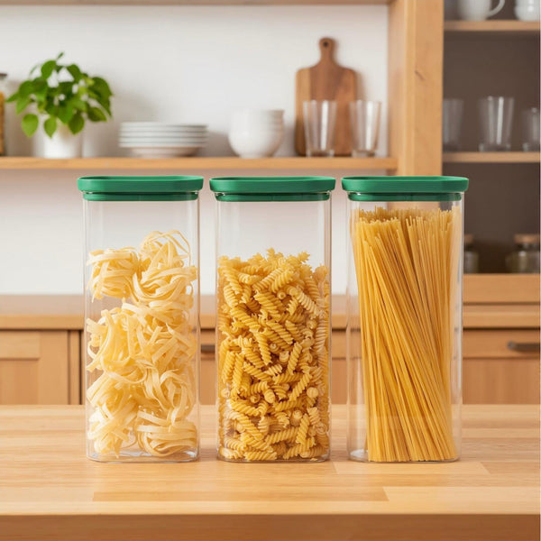 Aloe - Set of 3 Glass Food Storage Jars with Silicone Lid - 3x200cl - Green/Transparent