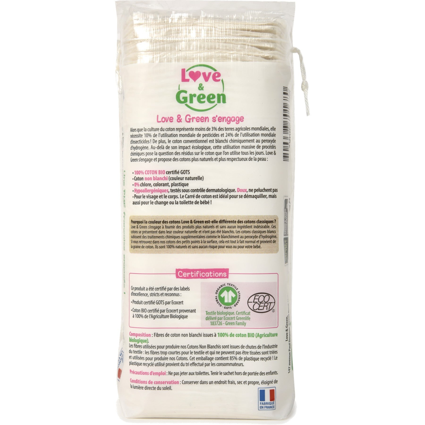 Carrés Hypoallergéniques 100% Coton Bio Non Blanchis - 60 Cotons