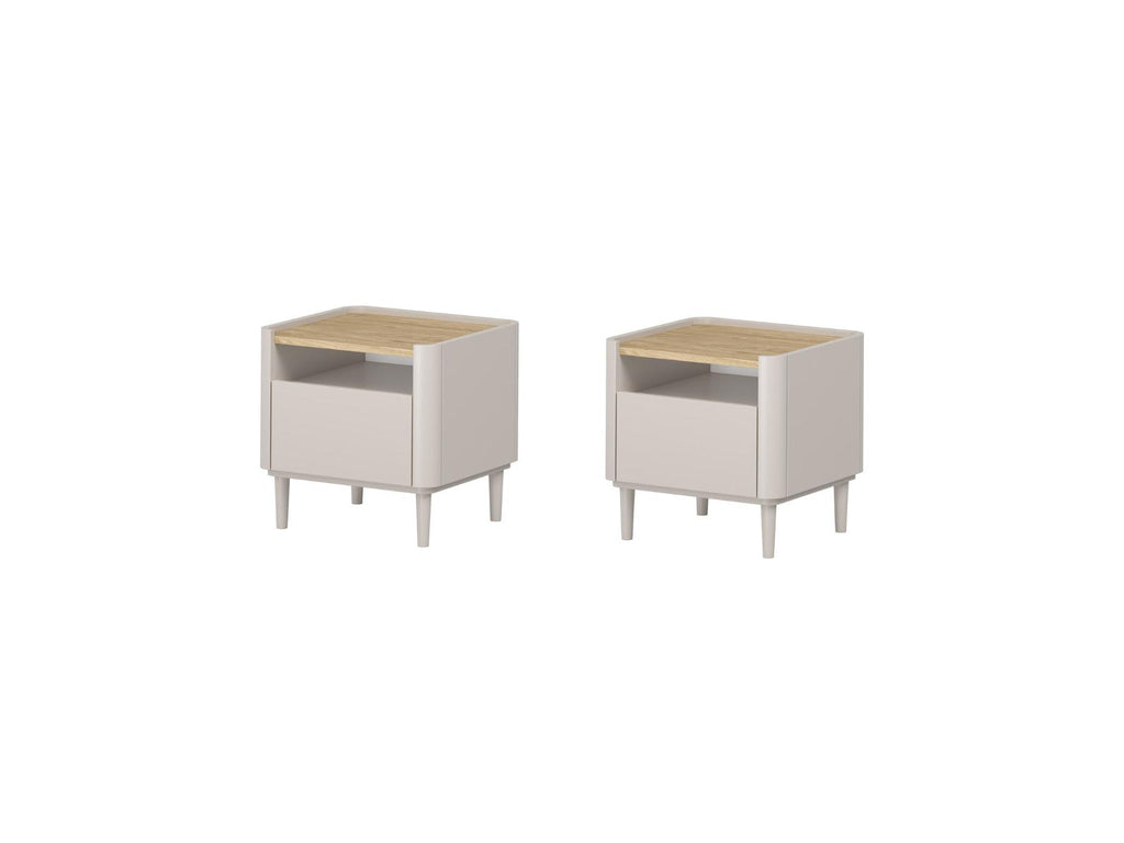 Anyra - Set of 2 Bedside Tables, 1 Drawer - Solid Wood Legs