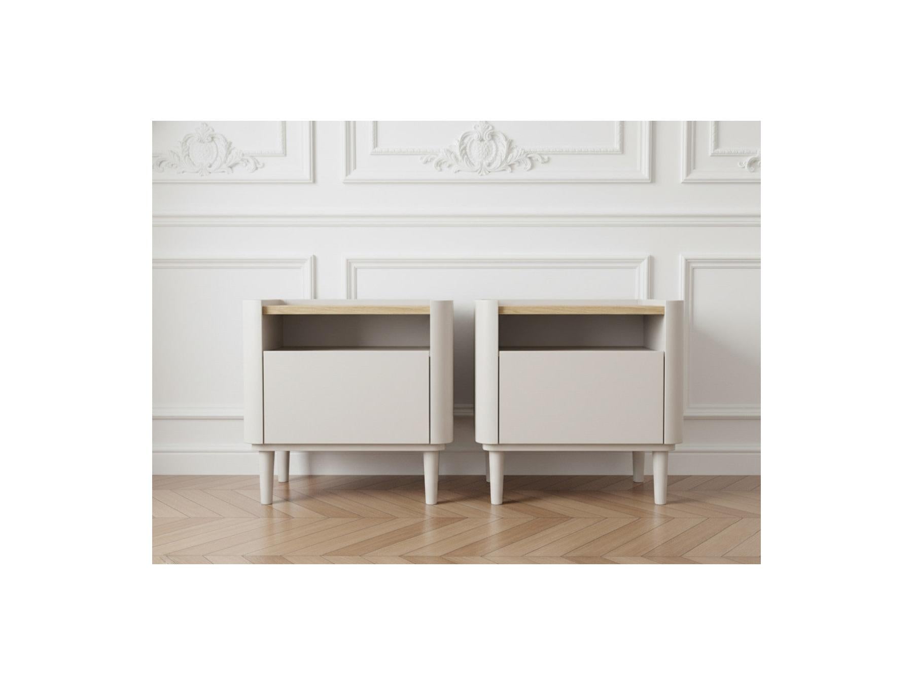 Anyra - Set of 2 Bedside Tables, 1 Drawer - Solid Wood Legs