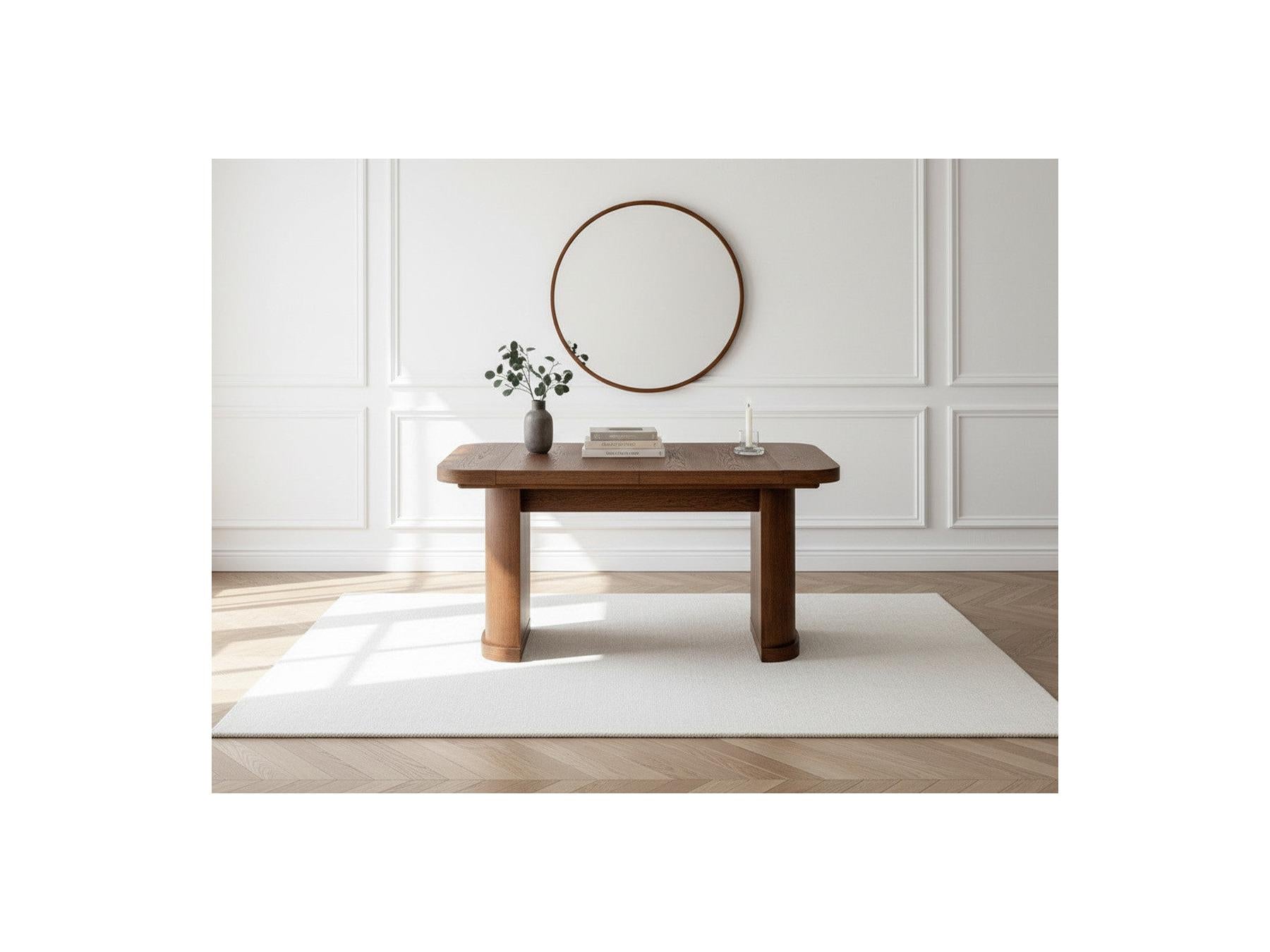 Cassis - Set with Extendable Console Table 43 to 187 cm + 4 Borely Chairs - Solid Oak Veneer and Bouclé Fabric