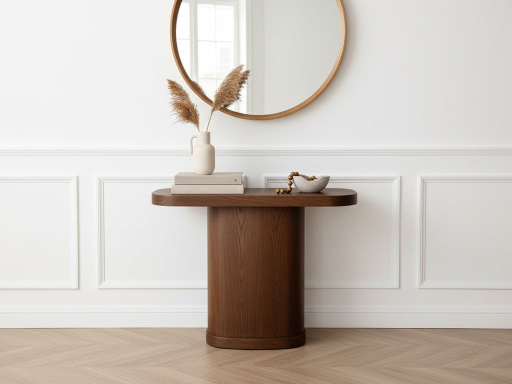 Cassis - Set with Extendable Console Table 43 to 187 cm + 4 Borely Chairs - Solid Oak Veneer and Bouclé Fabric