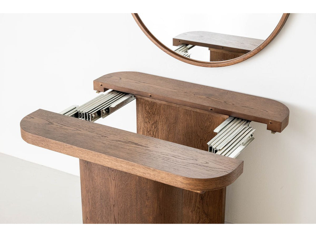 Cassis - Set with Extendable Console Table 43 to 187 cm + 4 Borely Chairs - Solid Oak Veneer and Bouclé Fabric