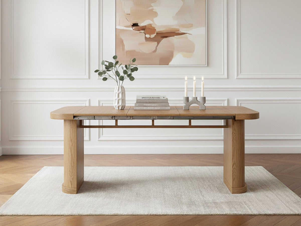Cassis - Set with Extendable Console Table 43 to 187 cm + 4 Borely Chairs - Solid Oak Veneer and Bouclé Fabric