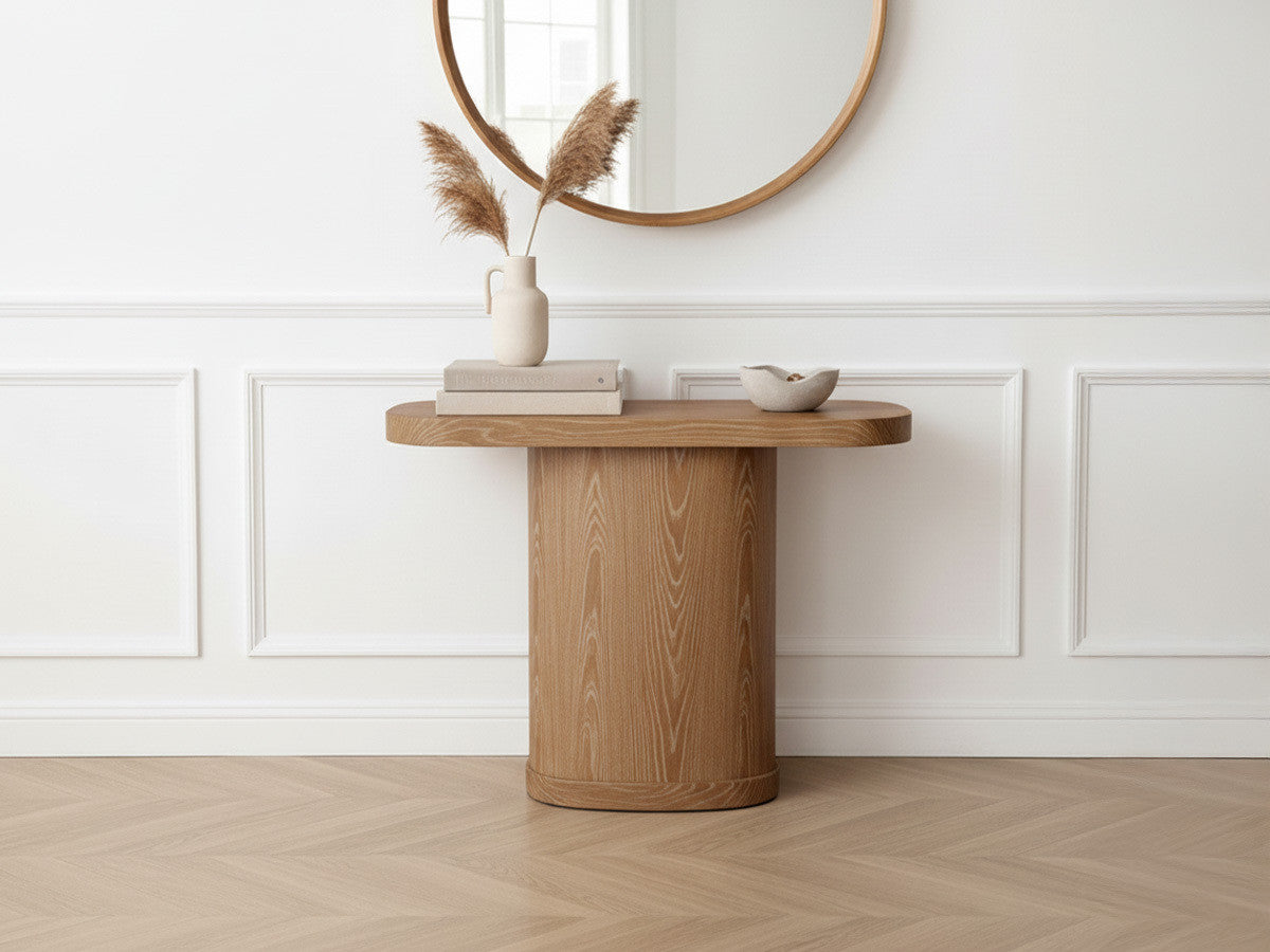 Cassis - Set with Extendable Console Table 43 to 187 cm + 4 Borely Chairs - Solid Oak Veneer and Bouclé Fabric