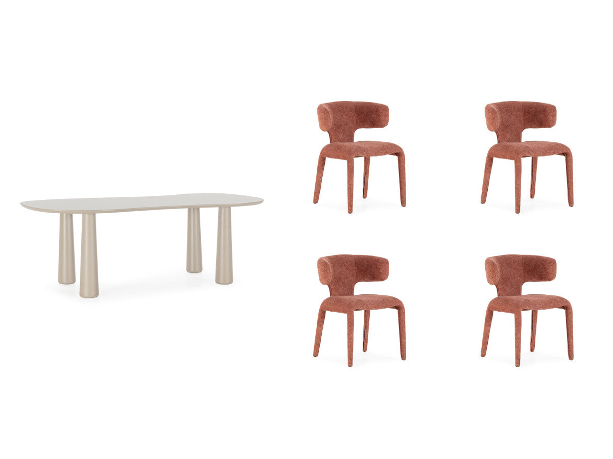Sasha - Conjunto - Con mesa de comedor ovalada beige + sillas Mila de tejido texturizado - Lote de 4 sillas