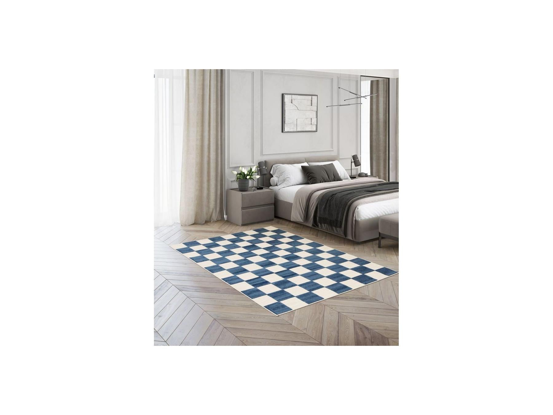 Gaelle - Tapis Poils Ras - Motif Damier - Bleu