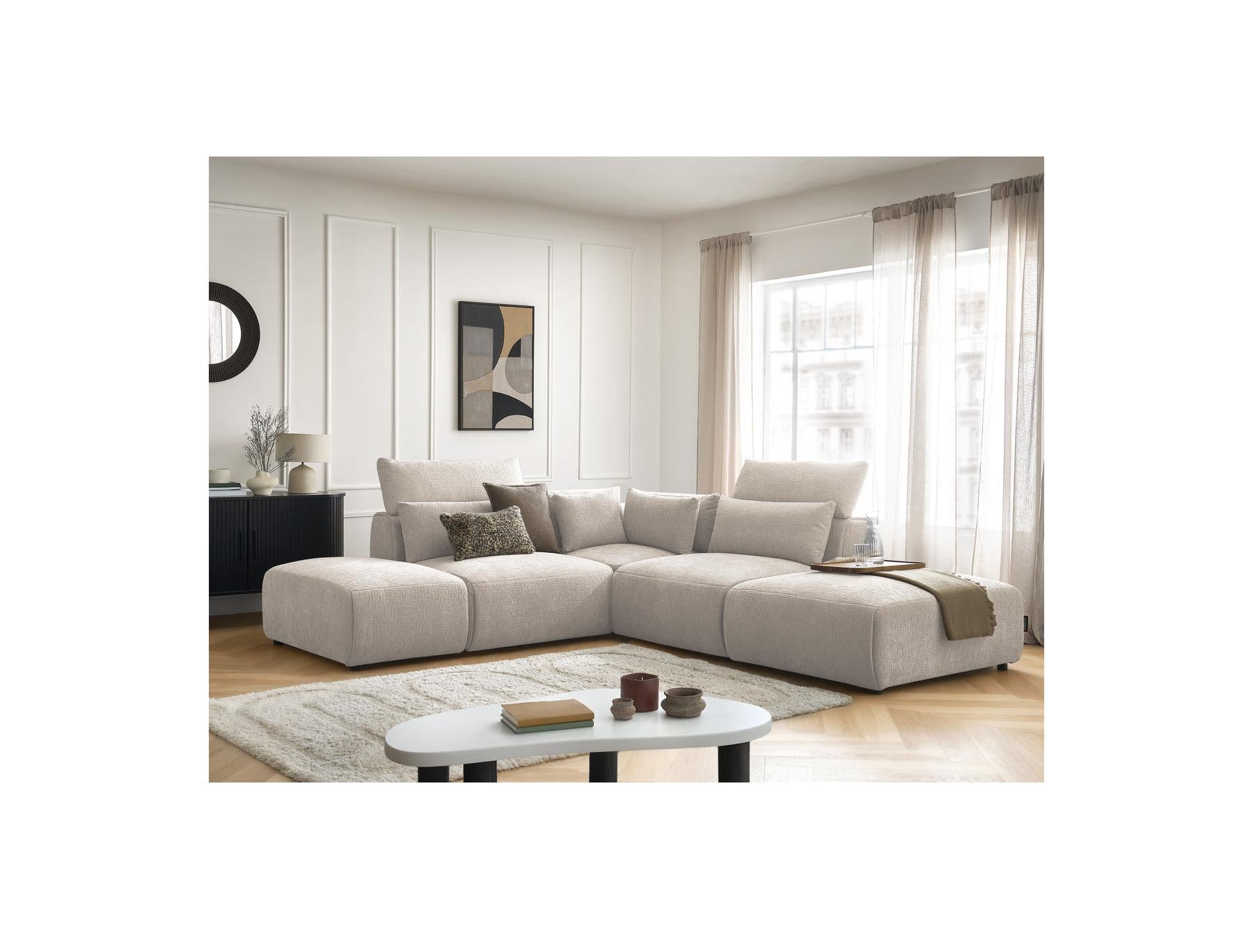 Jana - Sofá esquinero fijo modular con reposacabezas - Tejido texturizado con 2 módulos sin brazos, 1 esquina y 2 pufs - Reversible