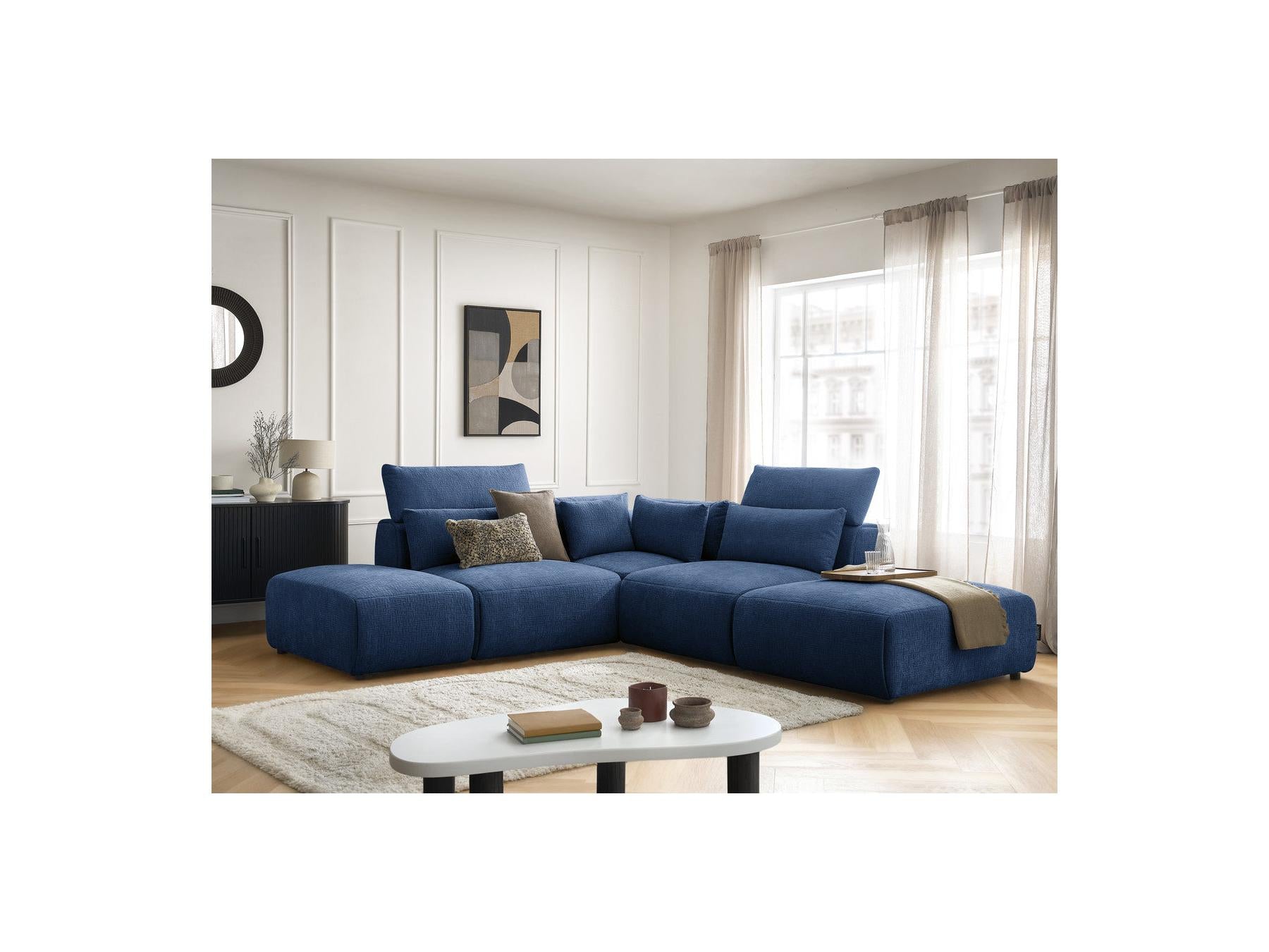 Jana - Sofá esquinero fijo modular con reposacabezas - Tejido texturizado con 2 módulos sin brazos, 1 esquina y 2 pufs - Reversible
