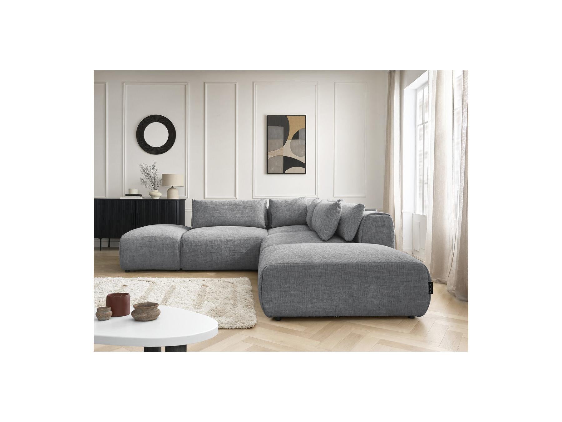 Jana - Sofá esquinero fijo modular con reposacabezas - Tejido texturizado con 2 módulos sin brazos, 1 esquina y 2 pufs - Reversible