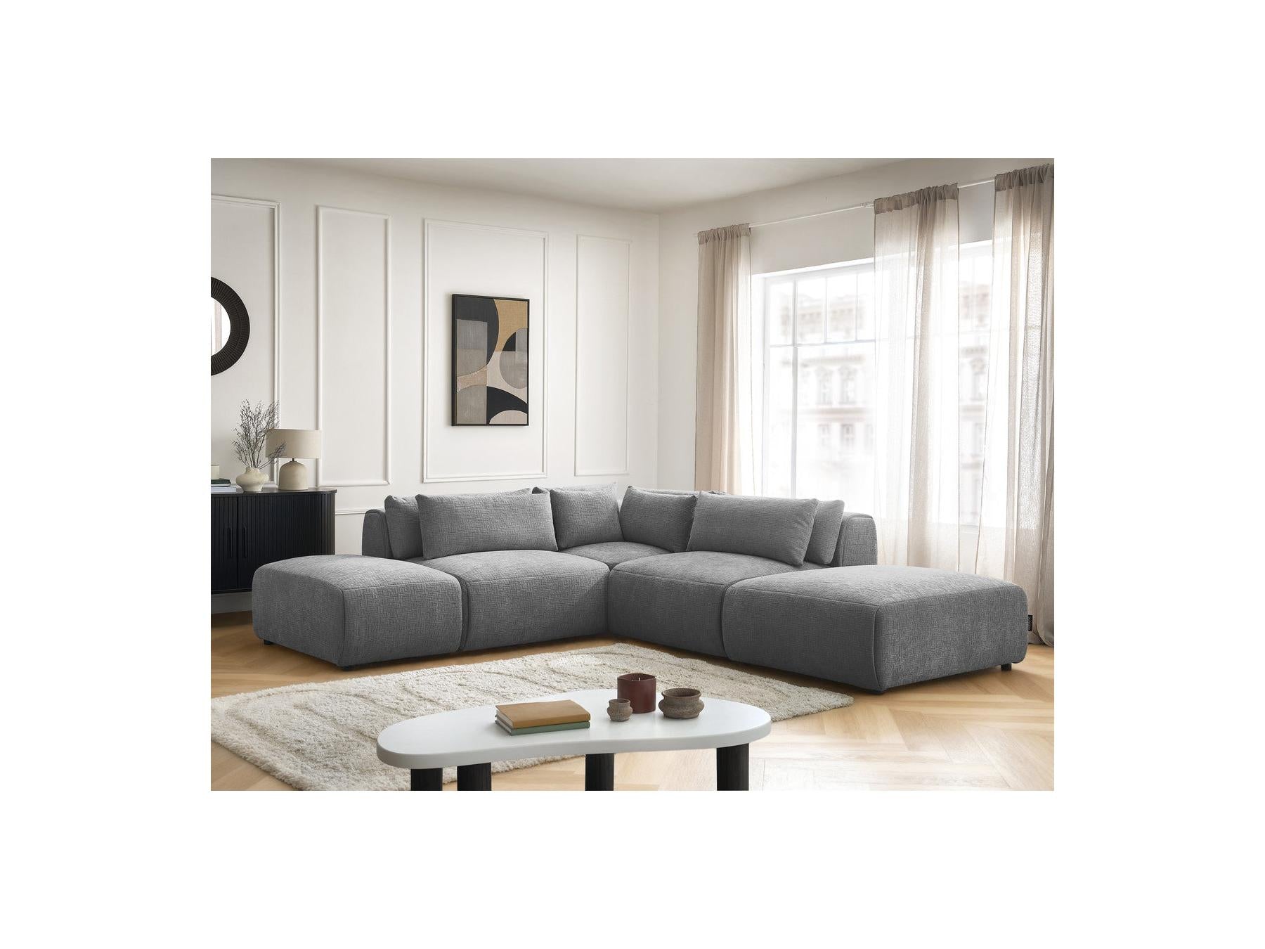 Jana - Sofá esquinero fijo modular con reposacabezas - Tejido texturizado con 2 módulos sin brazos, 1 esquina y 2 pufs - Reversible