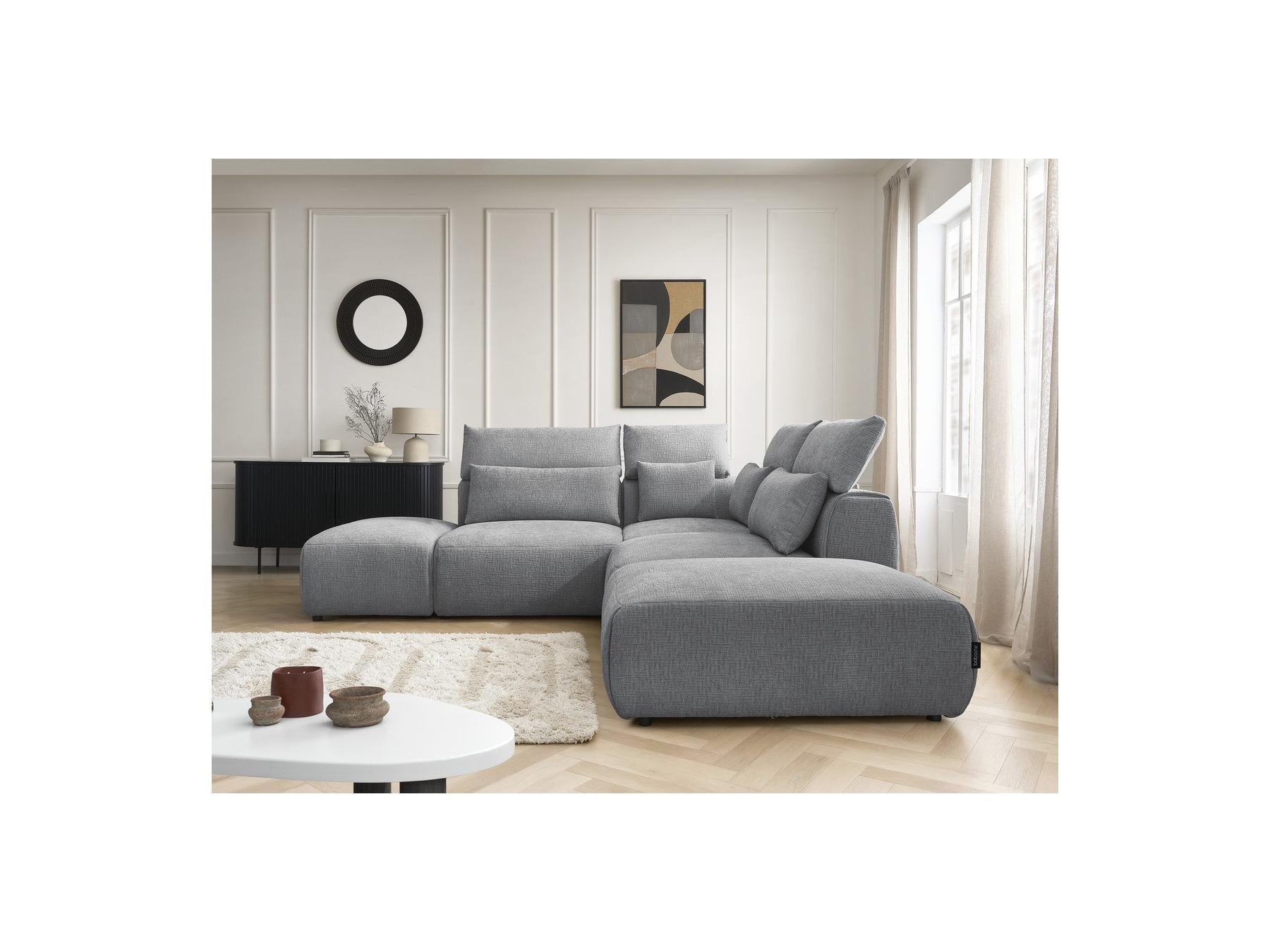 Jana - Sofá esquinero fijo modular con reposacabezas - Tejido texturizado con 2 módulos sin brazos, 1 esquina y 2 pufs - Reversible