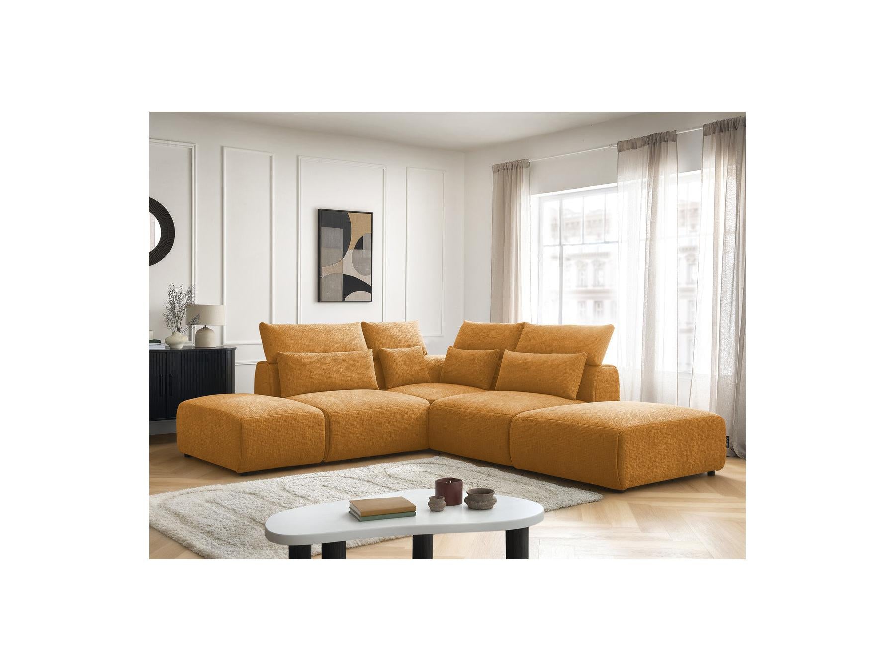 Jana - Sofá esquinero fijo modular con reposacabezas - Tejido texturizado con 2 módulos sin brazos, 1 esquina y 2 pufs - Reversible