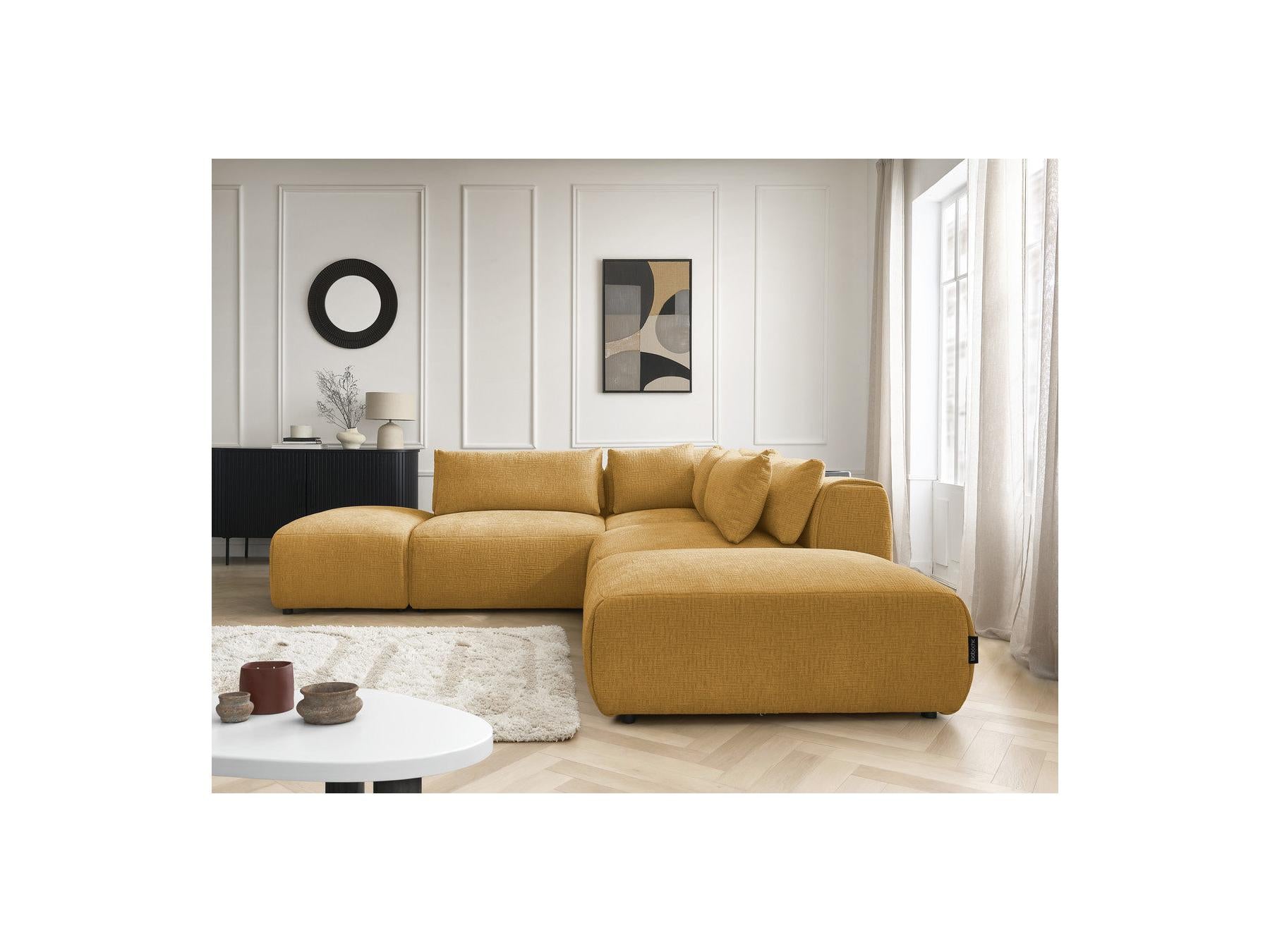 Jana - Sofá esquinero fijo modular con reposacabezas - Tejido texturizado con 2 módulos sin brazos, 1 esquina y 2 pufs - Reversible
