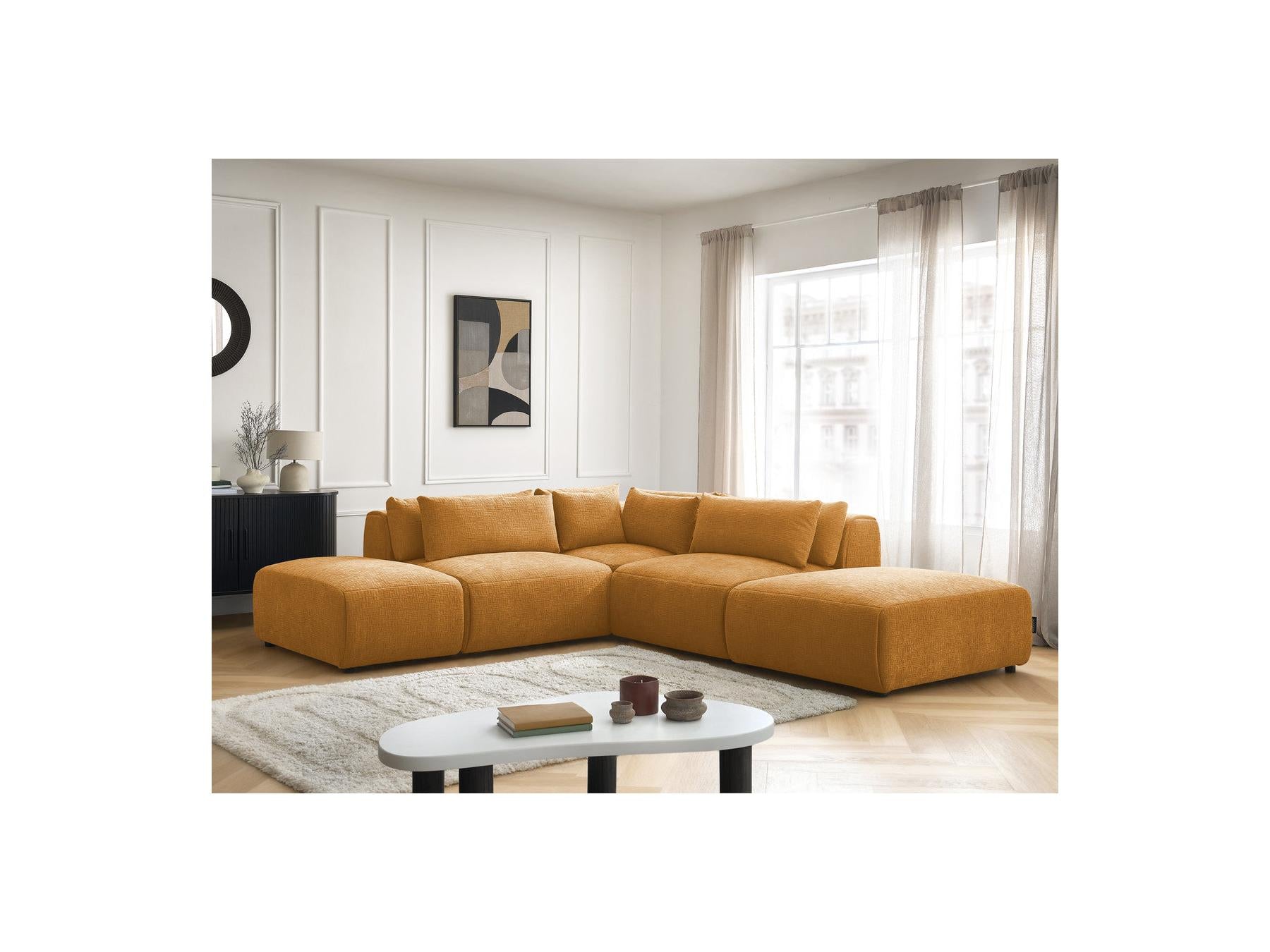 Jana - Sofá esquinero fijo modular con reposacabezas - Tejido texturizado con 2 módulos sin brazos, 1 esquina y 2 pufs - Reversible