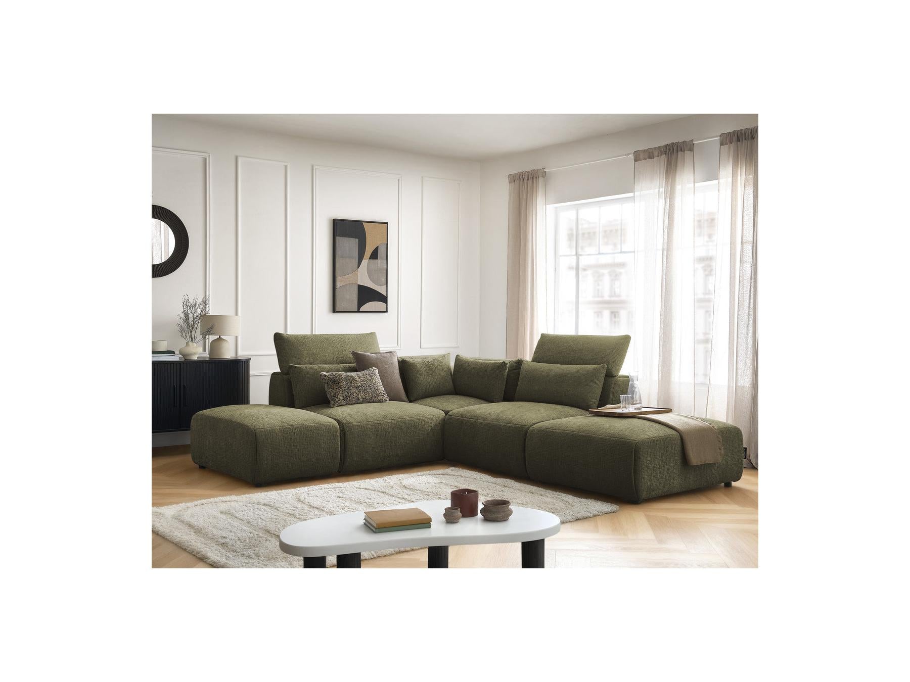 Jana - Sofá esquinero fijo modular con reposacabezas - Tejido texturizado con 2 módulos sin brazos, 1 esquina y 2 pufs - Reversible