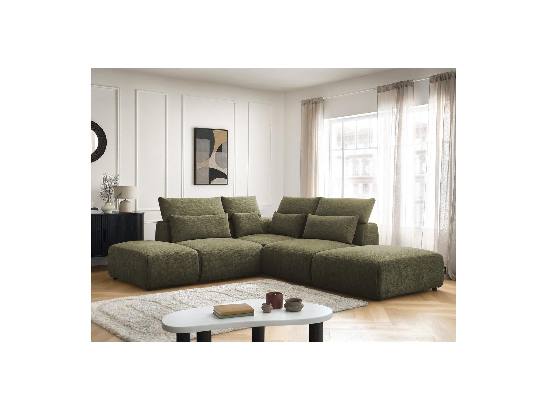 Jana - Sofá esquinero fijo modular con reposacabezas - Tejido texturizado con 2 módulos sin brazos, 1 esquina y 2 pufs - Reversible