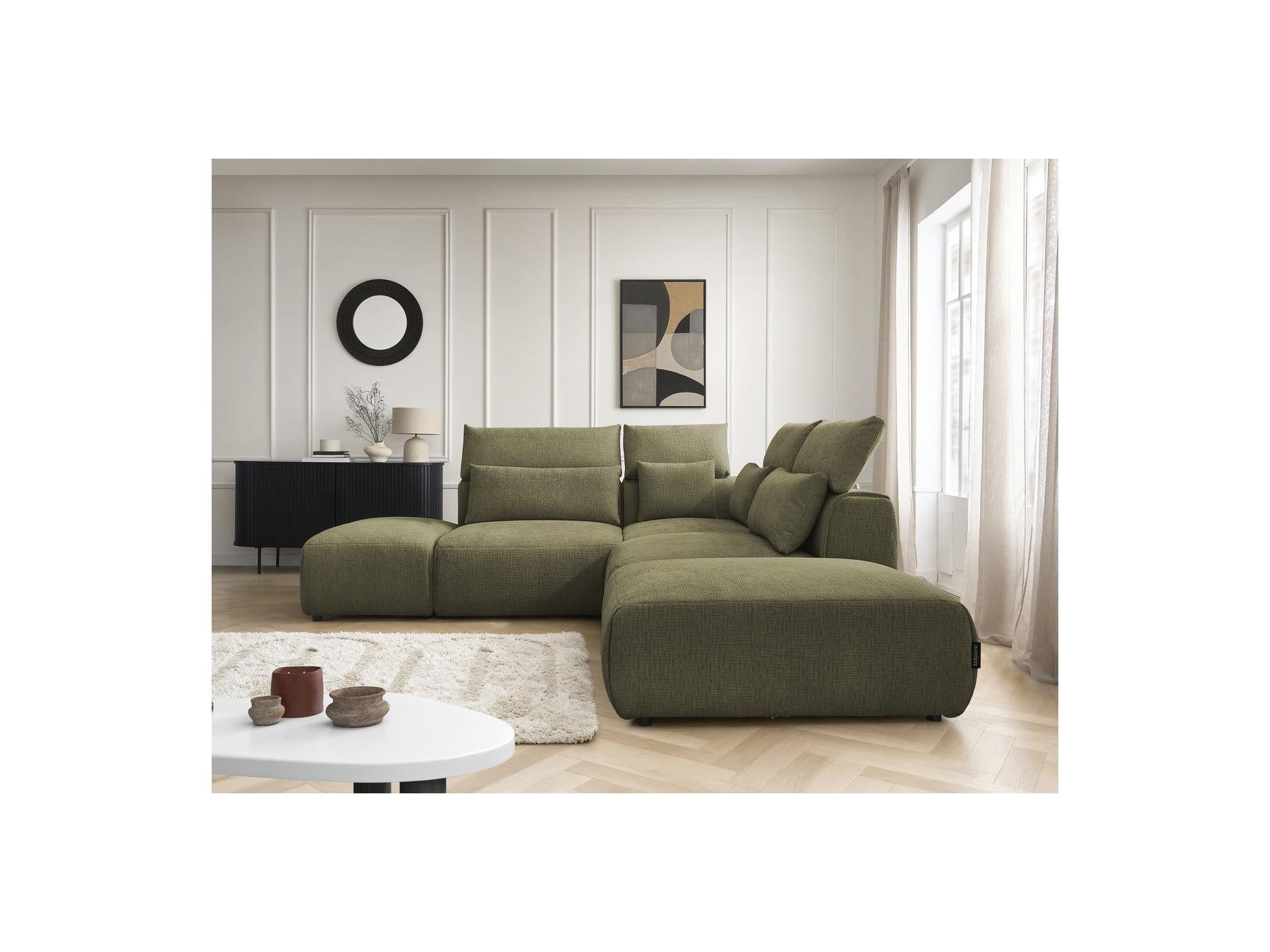 Jana - Sofá esquinero fijo modular con reposacabezas - Tejido texturizado con 2 módulos sin brazos, 1 esquina y 2 pufs - Reversible