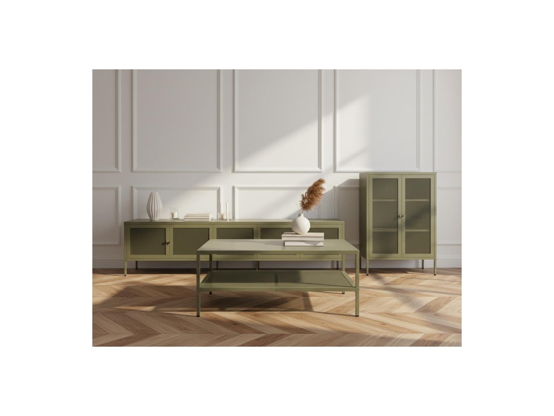 Clara - Meuble Tv 4 Portes 160 Cm Métal + Buffet Haut 2 Portes 70 Cm Métal + Table Basse 100 Cm Métal Édition Limitée
