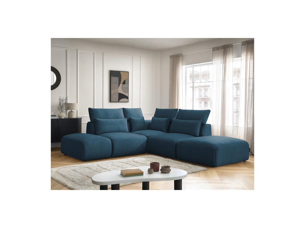 Jana - Canapé D'Angle Fixe Modulable Avec Têtières - Tissu Velours Avec 2 Chauffeuses, 1 Angle Et 2 Poufs - Réversible