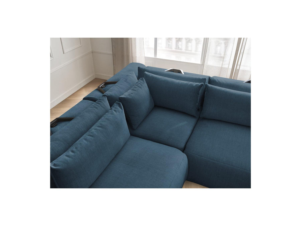 Jana - Canapé D'Angle Fixe Modulable Avec Têtières - Tissu Velours Avec 2 Chauffeuses, 1 Angle Et 2 Poufs - Réversible
