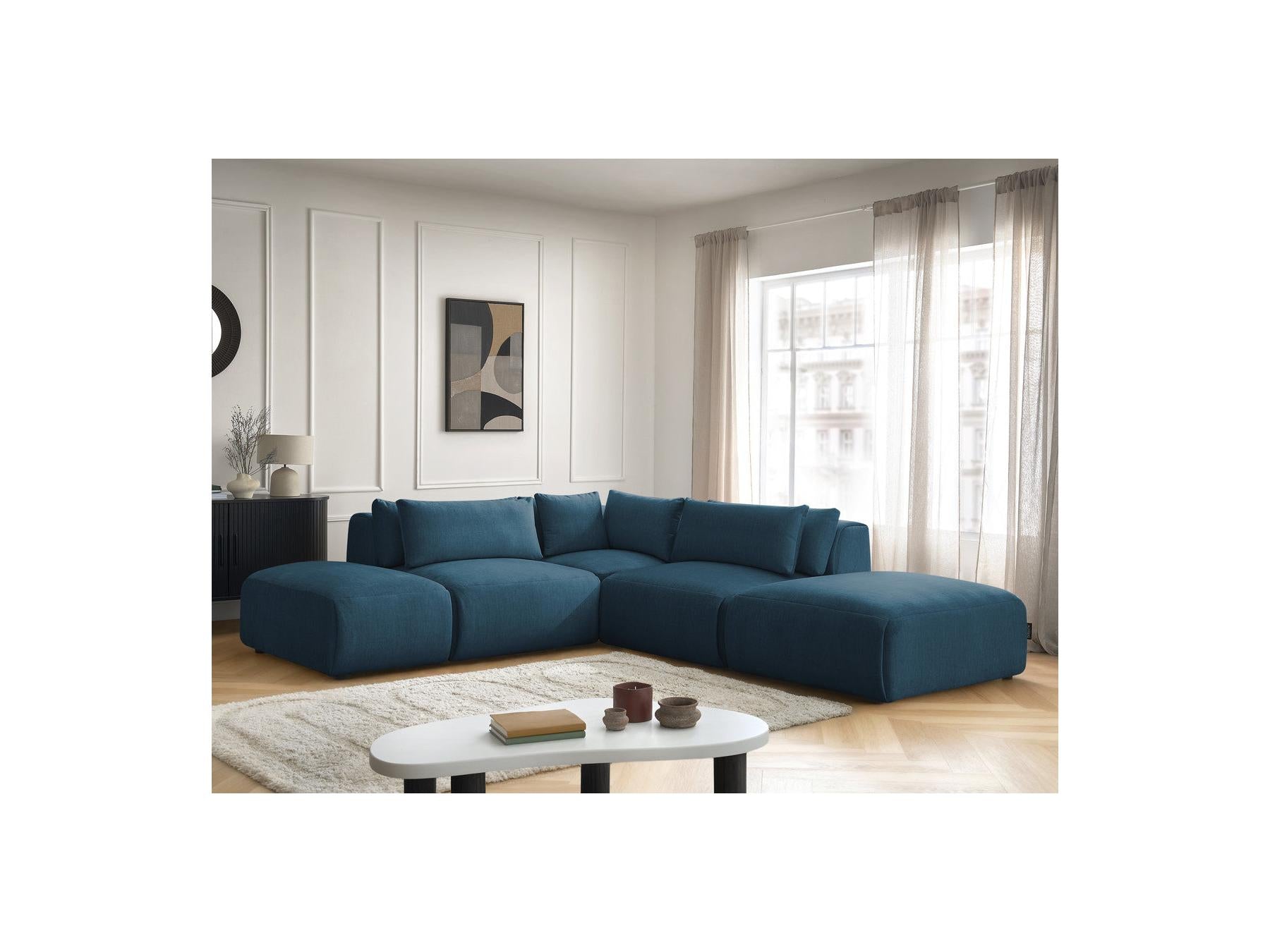 Jana - Canapé D'Angle Fixe Modulable Avec Têtières - Tissu Velours Avec 2 Chauffeuses, 1 Angle Et 2 Poufs - Réversible
