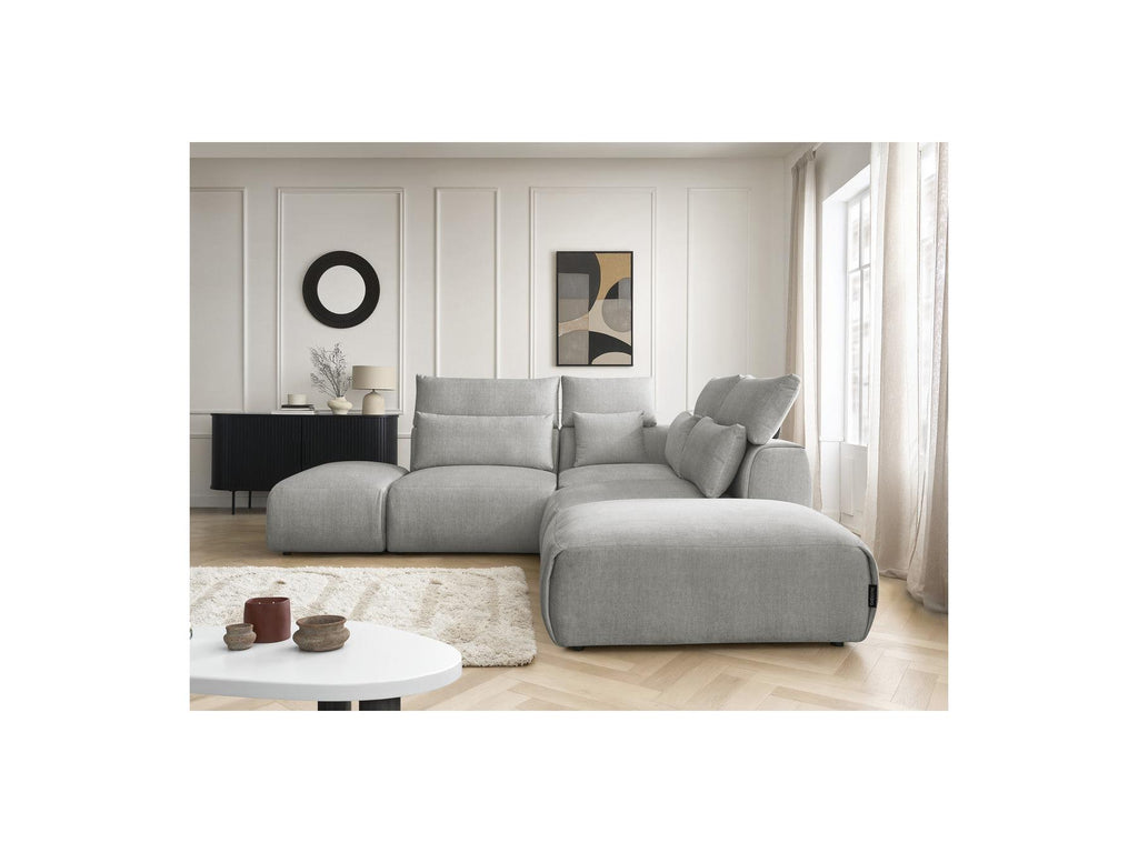 Jana - Canapé D'Angle Fixe Modulable Avec Têtières - Tissu Velours Avec 2 Chauffeuses, 1 Angle Et 2 Poufs - Réversible