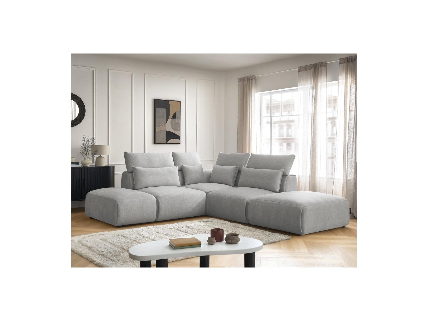 Jana - Canapé D'Angle Fixe Modulable Avec Têtières - Tissu Velours Avec 2 Chauffeuses, 1 Angle Et 2 Poufs - Réversible