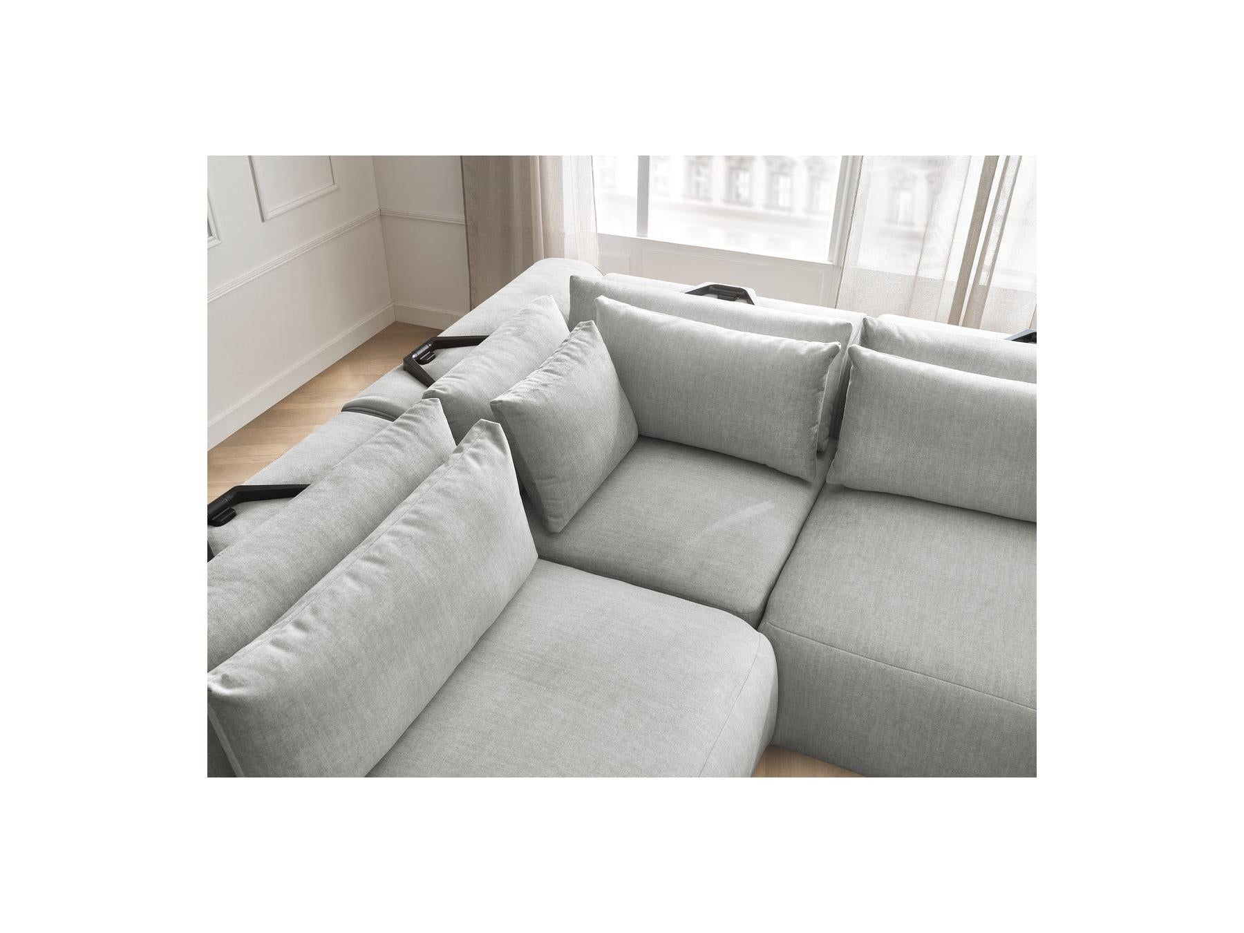 Jana - Canapé D'Angle Fixe Modulable Avec Têtières - Tissu Velours Avec 2 Chauffeuses, 1 Angle Et 2 Poufs - Réversible