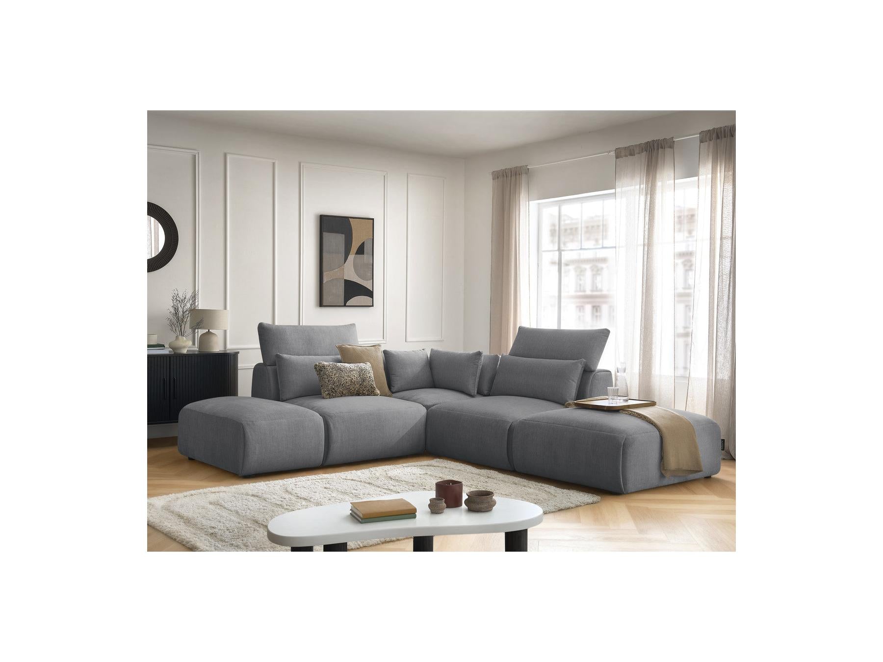 Jana - Canapé D'Angle Fixe Modulable Avec Têtières - Tissu Velours Avec 2 Chauffeuses, 1 Angle Et 2 Poufs - Réversible