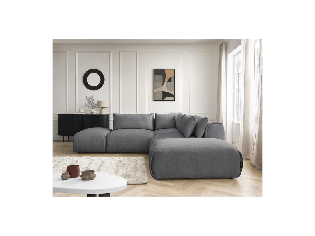 Jana - Canapé D'Angle Fixe Modulable Avec Têtières - Tissu Velours Avec 2 Chauffeuses, 1 Angle Et 2 Poufs - Réversible