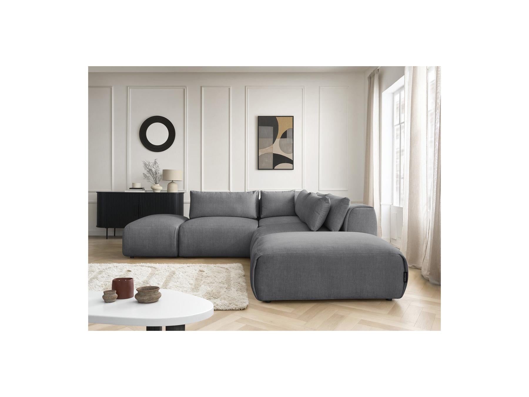 Jana - Canapé D'Angle Fixe Modulable Avec Têtières - Tissu Velours Avec 2 Chauffeuses, 1 Angle Et 2 Poufs - Réversible