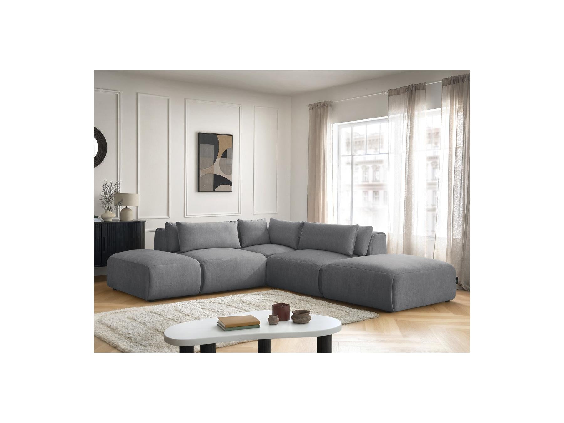 Jana - Canapé D'Angle Fixe Modulable Avec Têtières - Tissu Velours Avec 2 Chauffeuses, 1 Angle Et 2 Poufs - Réversible