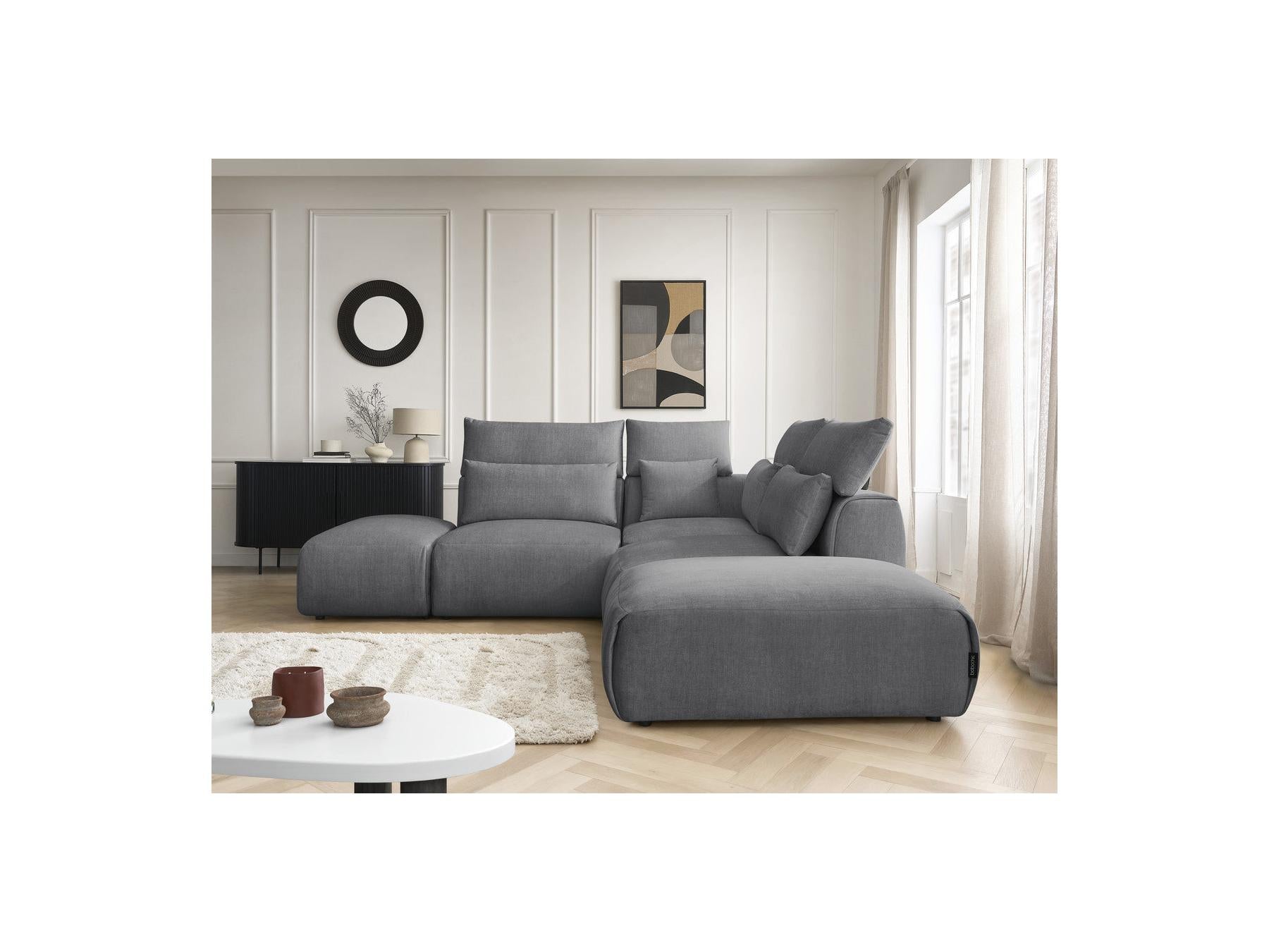 Jana - Canapé D'Angle Fixe Modulable Avec Têtières - Tissu Velours Avec 2 Chauffeuses, 1 Angle Et 2 Poufs - Réversible