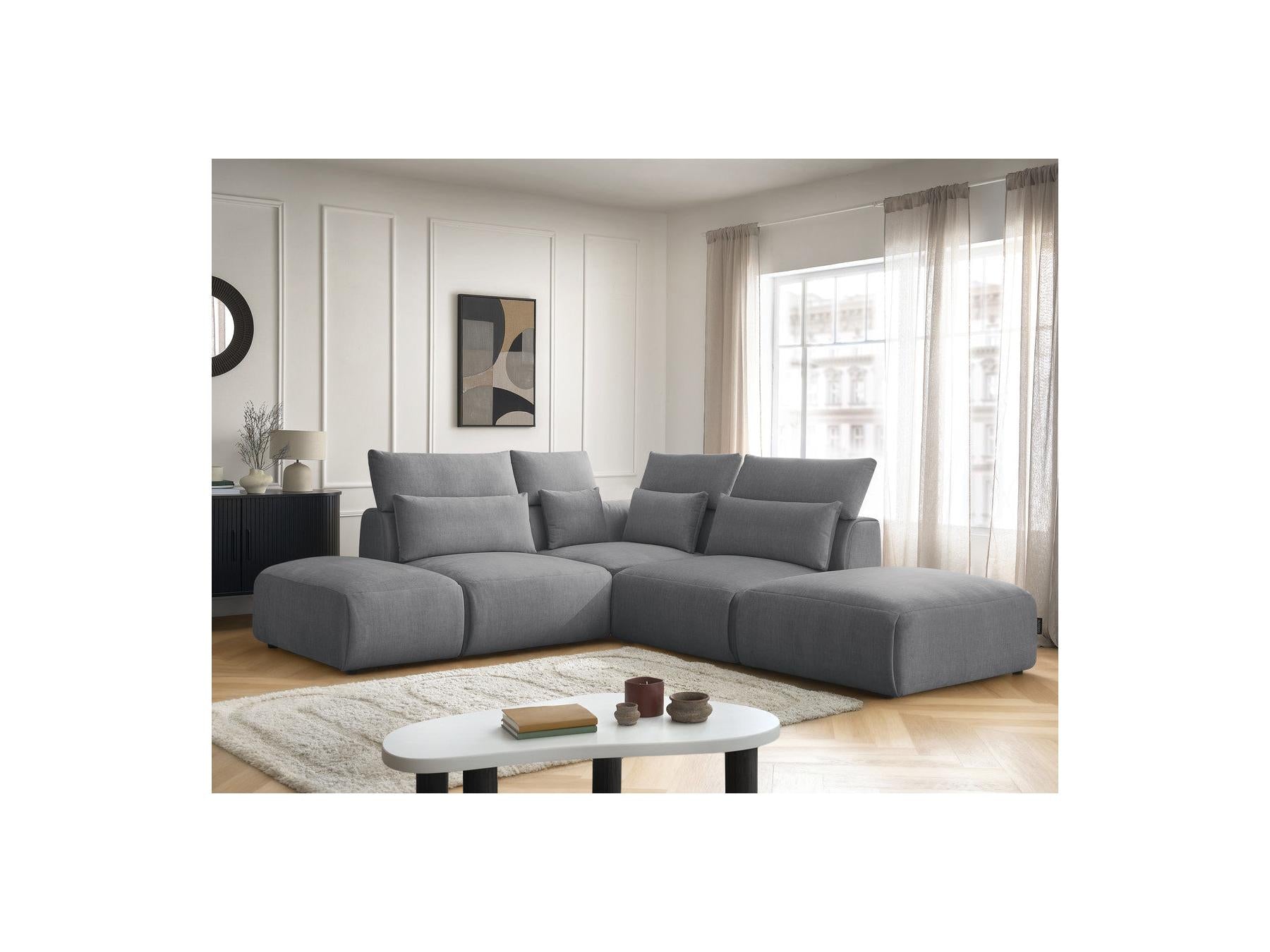 Jana - Canapé D'Angle Fixe Modulable Avec Têtières - Tissu Velours Avec 2 Chauffeuses, 1 Angle Et 2 Poufs - Réversible