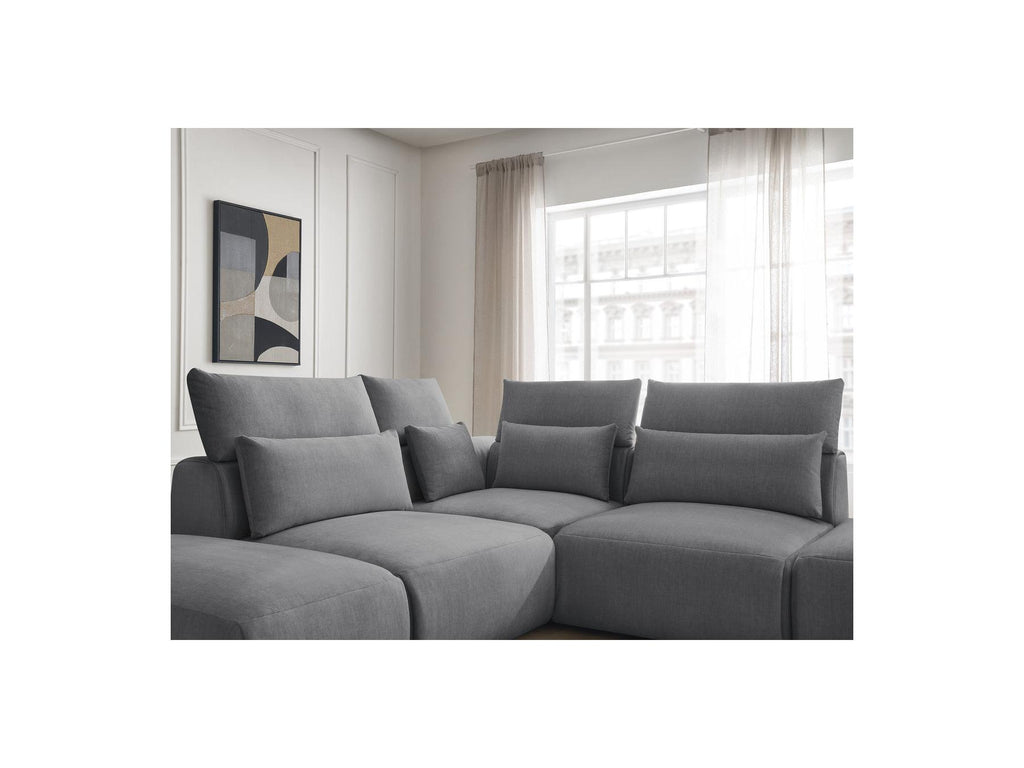 Jana - Canapé D'Angle Fixe Modulable Avec Têtières - Tissu Velours Avec 2 Chauffeuses, 1 Angle Et 2 Poufs - Réversible