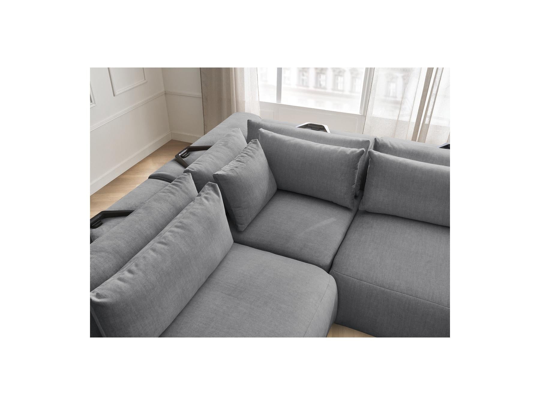 Jana - Canapé D'Angle Fixe Modulable Avec Têtières - Tissu Velours Avec 2 Chauffeuses, 1 Angle Et 2 Poufs - Réversible