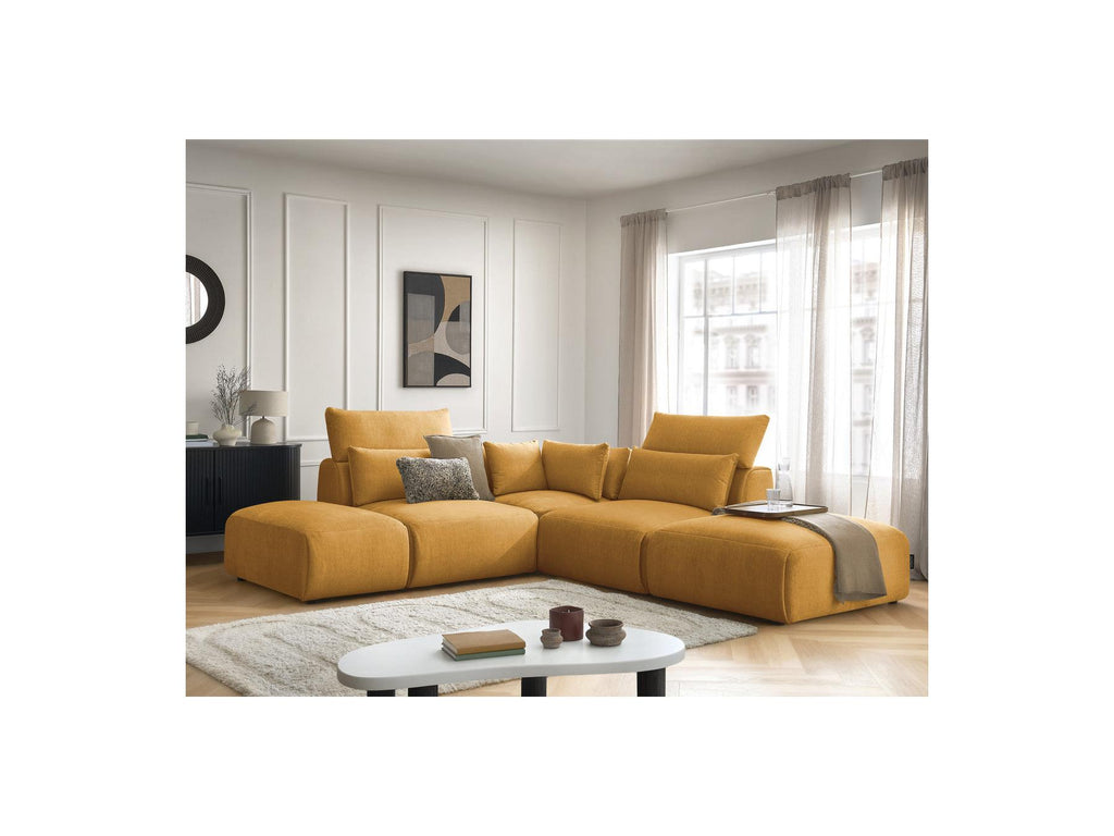 Jana - Canapé D'Angle Fixe Modulable Avec Têtières - Tissu Velours Avec 2 Chauffeuses, 1 Angle Et 2 Poufs - Réversible