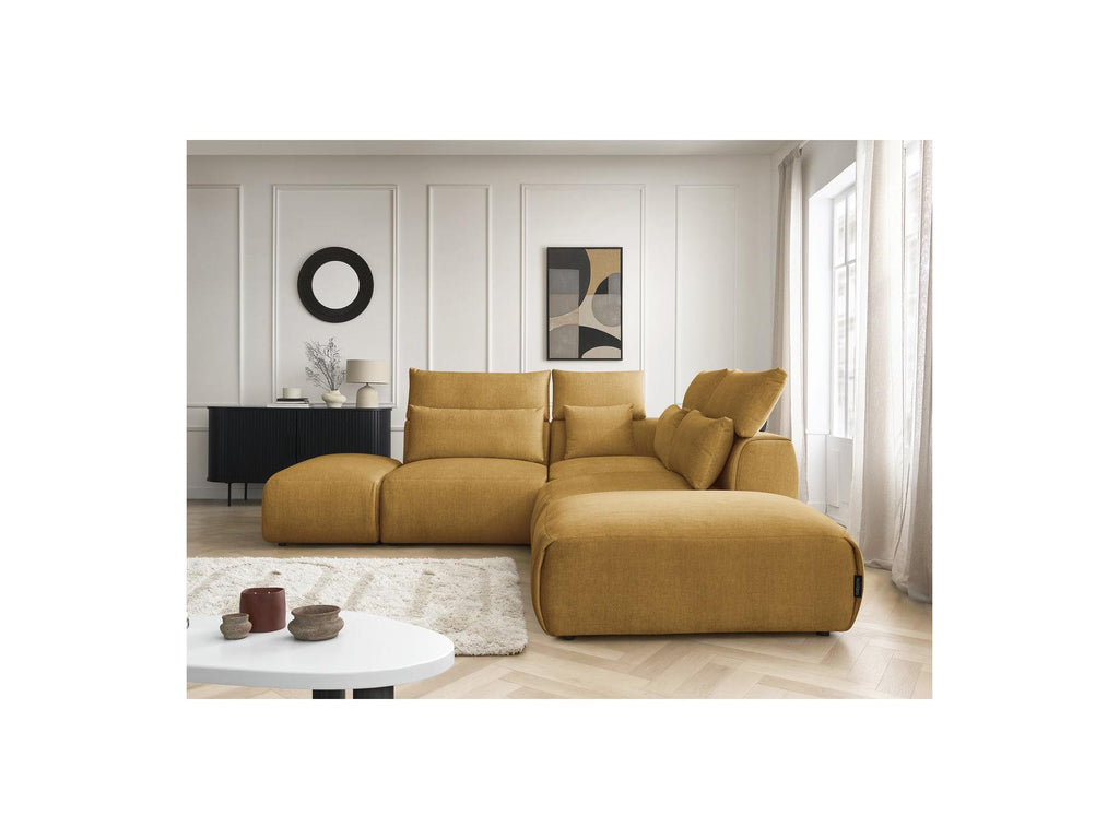 Jana - Canapé D'Angle Fixe Modulable Avec Têtières - Tissu Velours Avec 2 Chauffeuses, 1 Angle Et 2 Poufs - Réversible