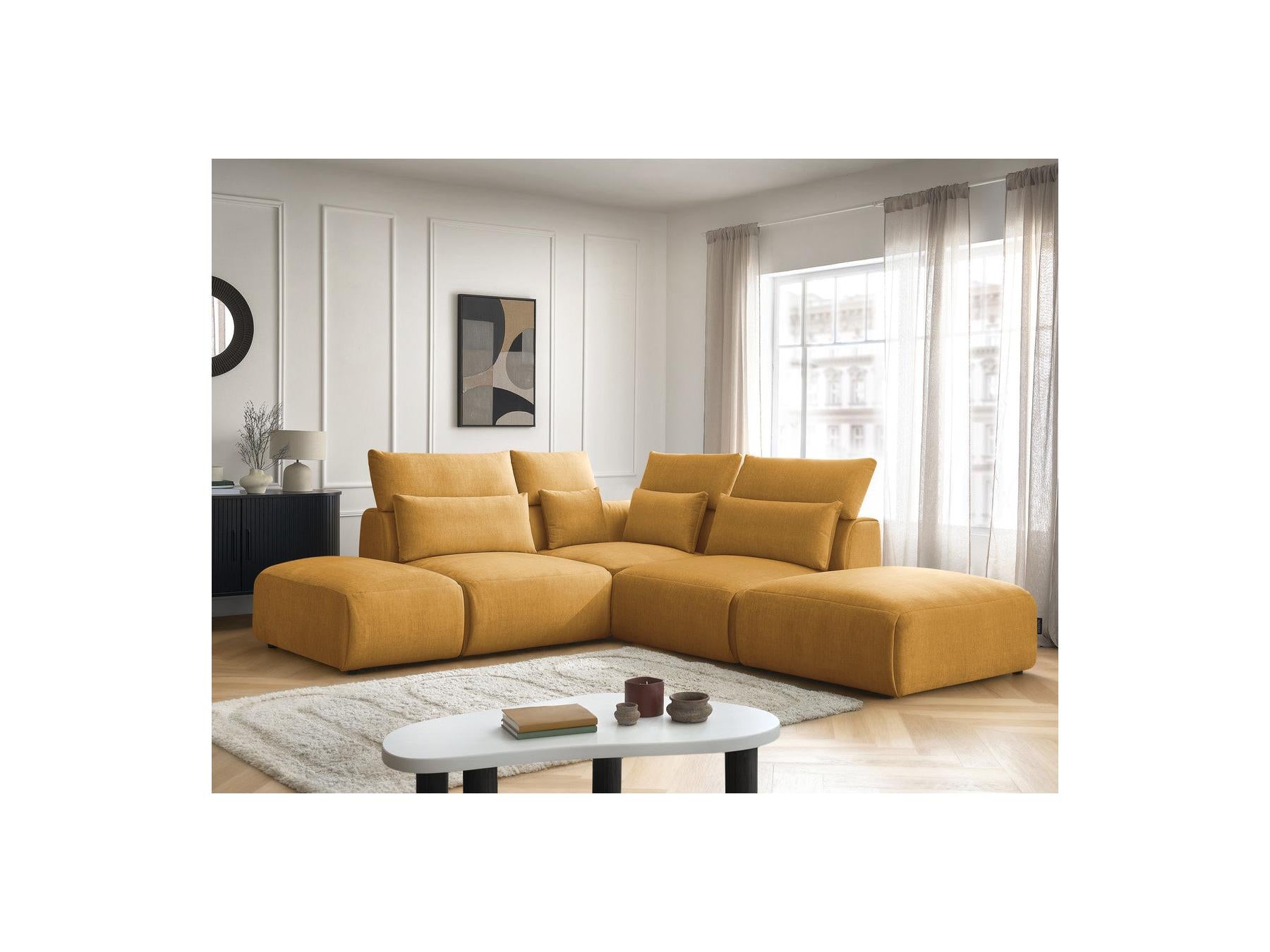 Jana - Canapé D'Angle Fixe Modulable Avec Têtières - Tissu Velours Avec 2 Chauffeuses, 1 Angle Et 2 Poufs - Réversible