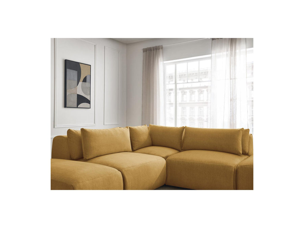 Jana - Canapé D'Angle Fixe Modulable Avec Têtières - Tissu Velours Avec 2 Chauffeuses, 1 Angle Et 2 Poufs - Réversible