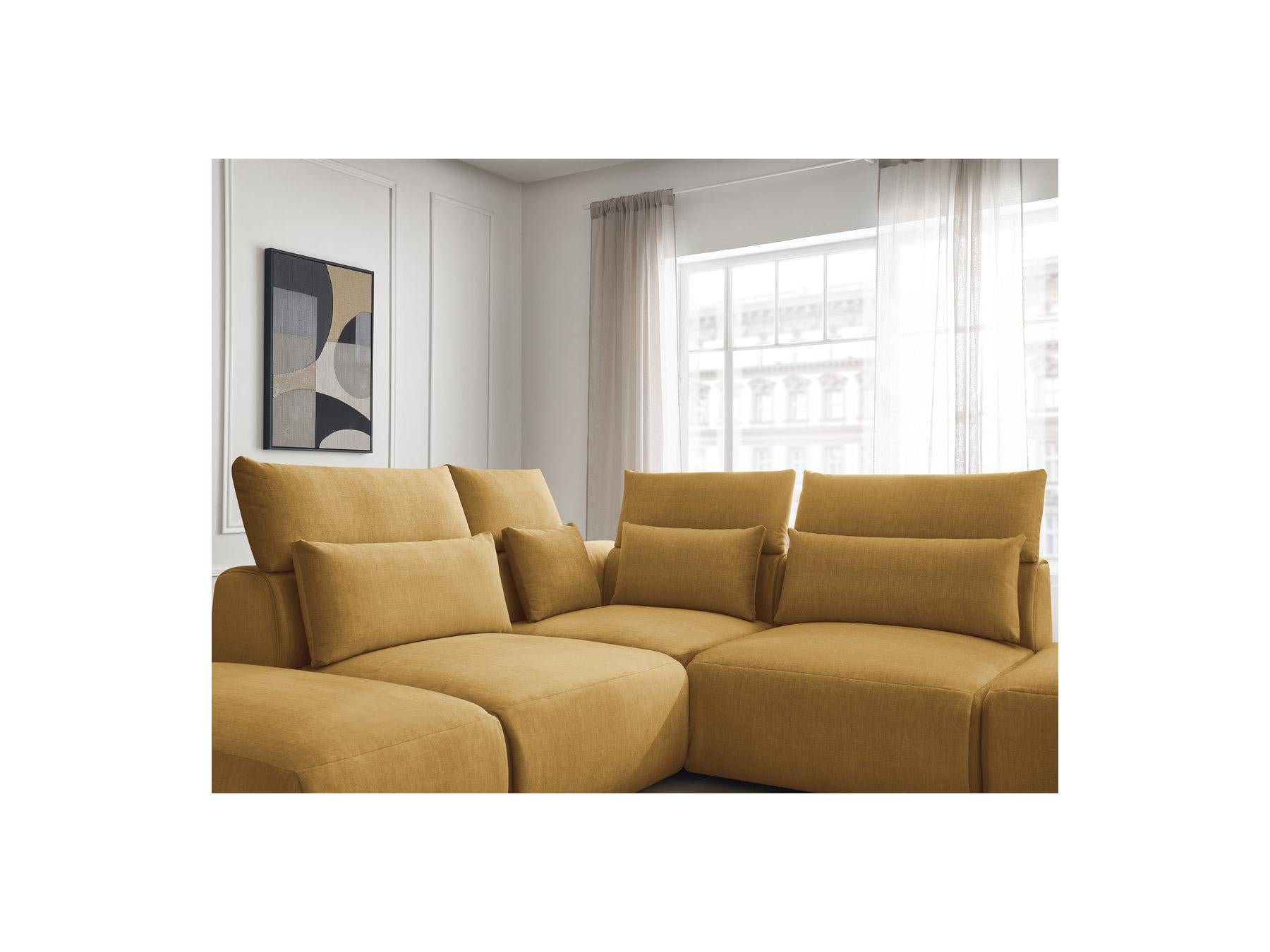 Jana - Canapé D'Angle Fixe Modulable Avec Têtières - Tissu Velours Avec 2 Chauffeuses, 1 Angle Et 2 Poufs - Réversible