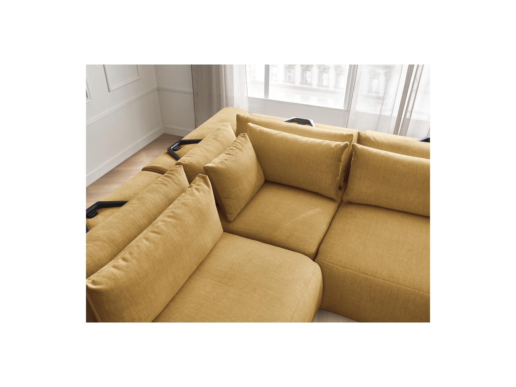 Jana - Canapé D'Angle Fixe Modulable Avec Têtières - Tissu Velours Avec 2 Chauffeuses, 1 Angle Et 2 Poufs - Réversible