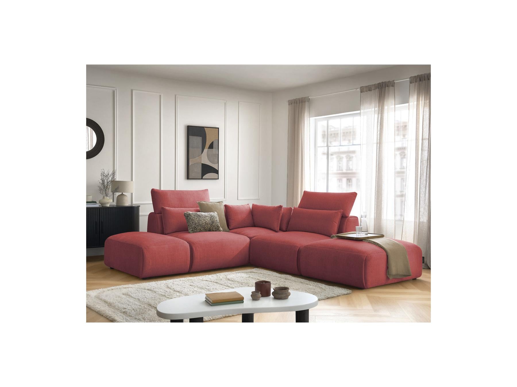Jana - Canapé D'Angle Fixe Modulable Avec Têtières - Tissu Velours Avec 2 Chauffeuses, 1 Angle Et 2 Poufs - Réversible