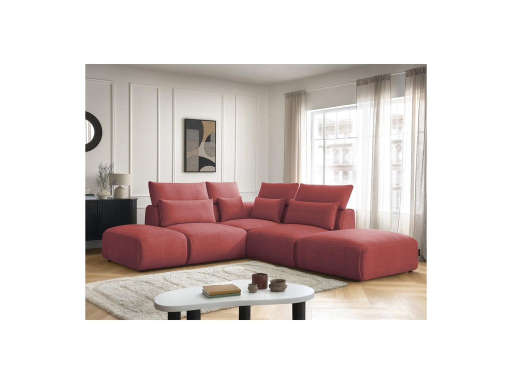 Jana - Canapé D'Angle Fixe Modulable Avec Têtières - Tissu Velours Avec 2 Chauffeuses, 1 Angle Et 2 Poufs - Réversible