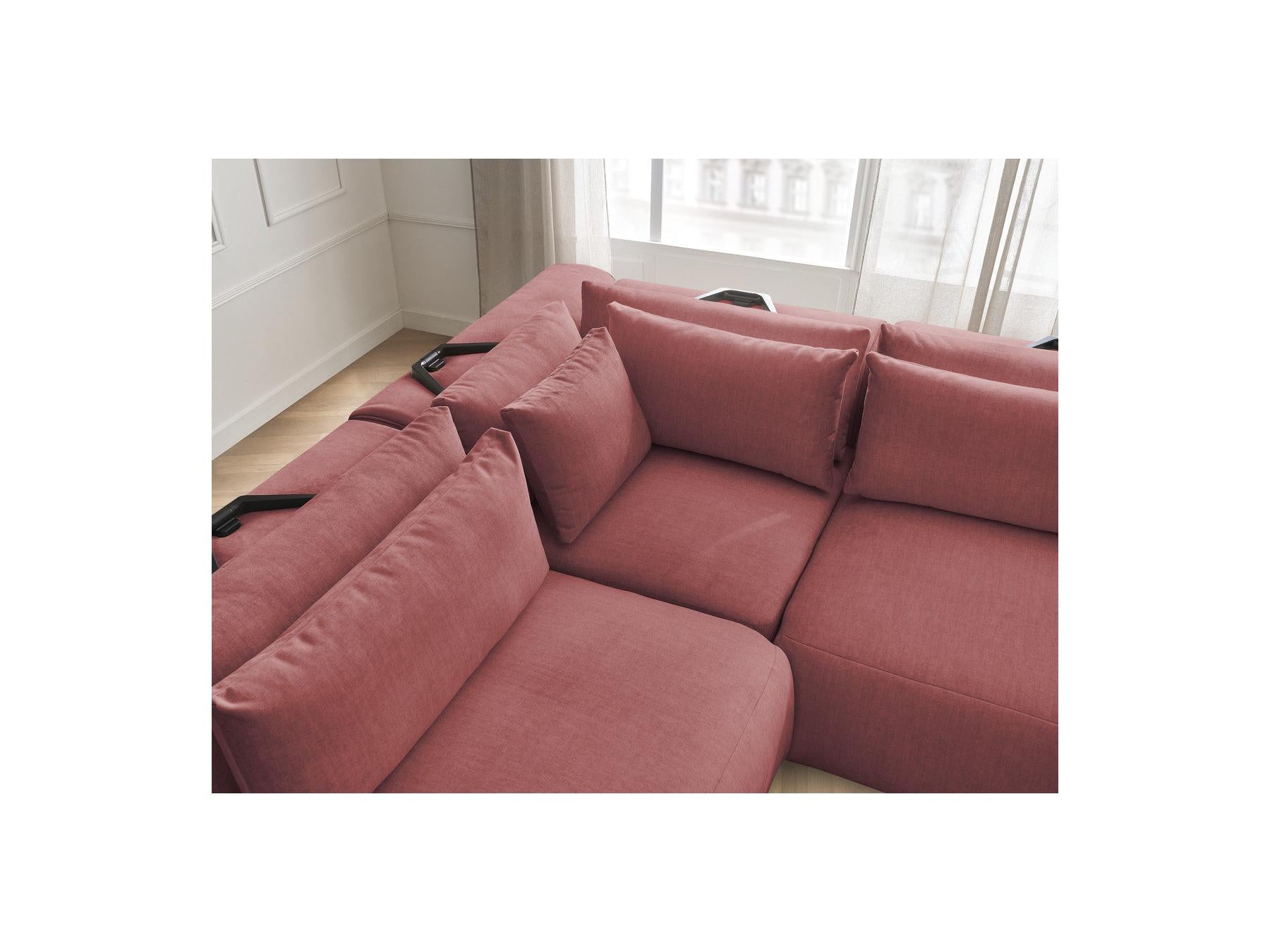 Jana - Canapé D'Angle Fixe Modulable Avec Têtières - Tissu Velours Avec 2 Chauffeuses, 1 Angle Et 2 Poufs - Réversible