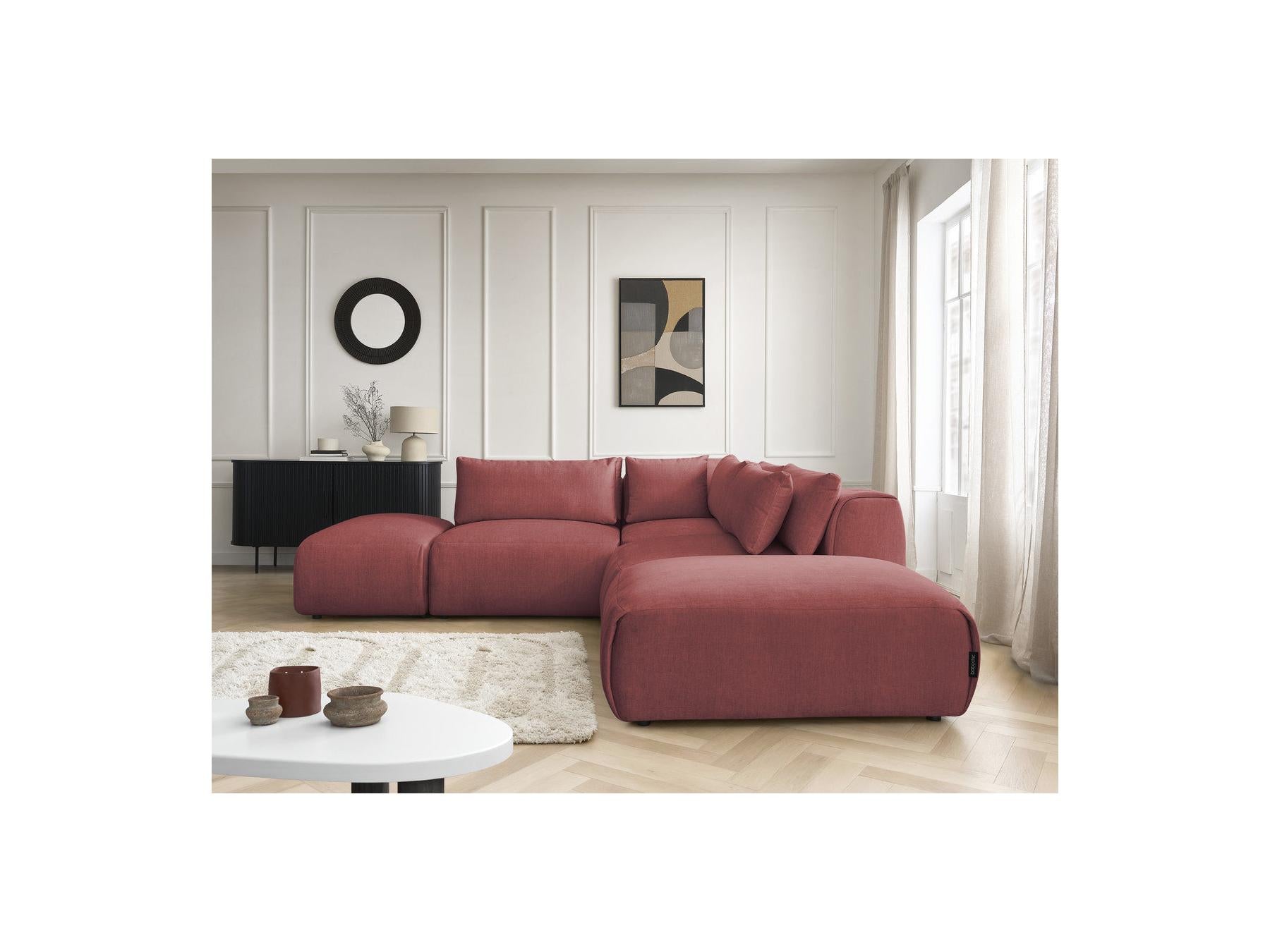 Jana - Canapé D'Angle Fixe Modulable Avec Têtières - Tissu Velours Avec 2 Chauffeuses, 1 Angle Et 2 Poufs - Réversible
